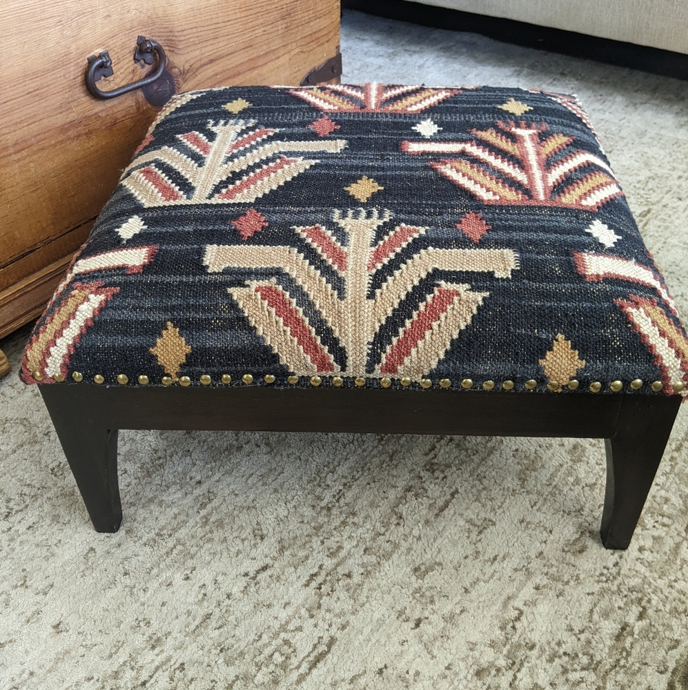 Vintage Upholstered Turkish Kilim Tufted Square Large Footstool